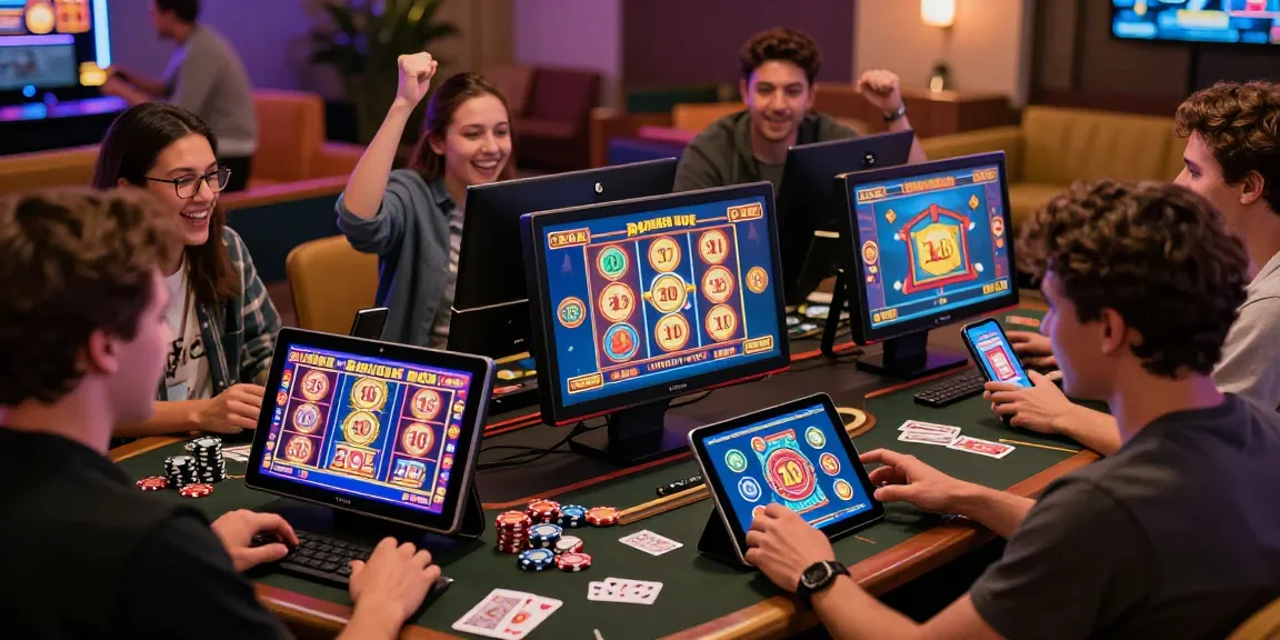 Engaged players at https://celebratepanto.co.uk/ enjoying Bonus Buy slots, celebrating wins in a vibrant casino atmosphere.