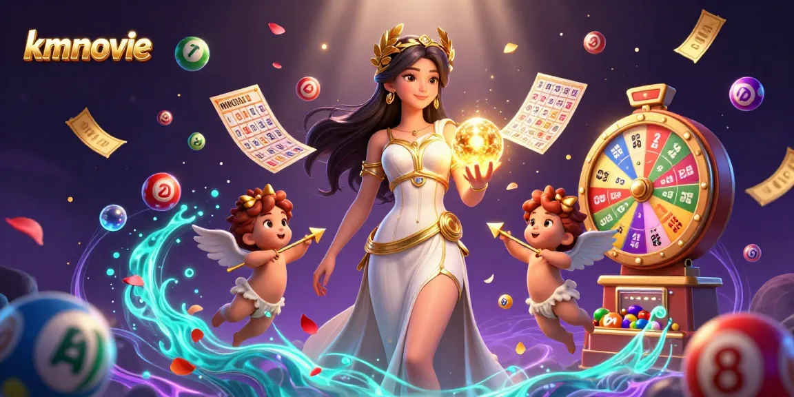 kmovie lottery-themed illustration showcasing dynamic elements like bouncing balls and prize wheels.