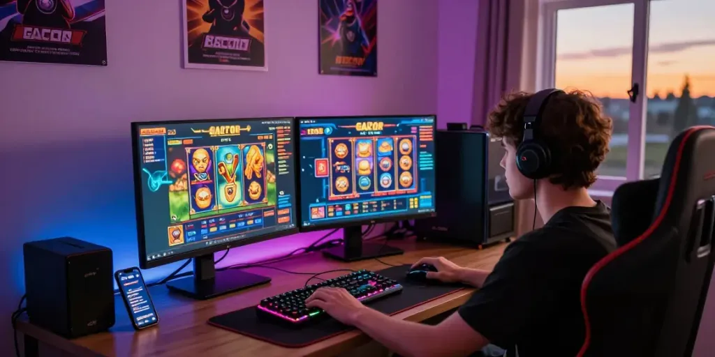 Exciting scene of a gamer focused on a slot gacor game at a dual-monitor setup, showcasing gaming accessories and an immersive atmosphere.