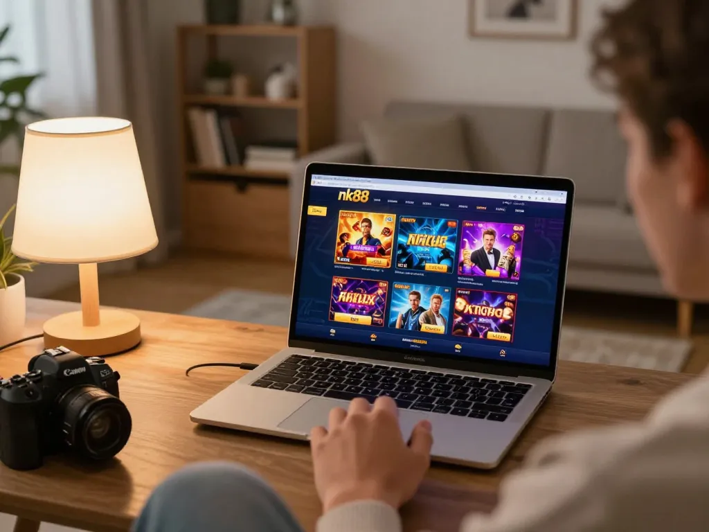 Engaging home scene of a player using nk88 online gaming interface on laptop, cozy atmosphere.