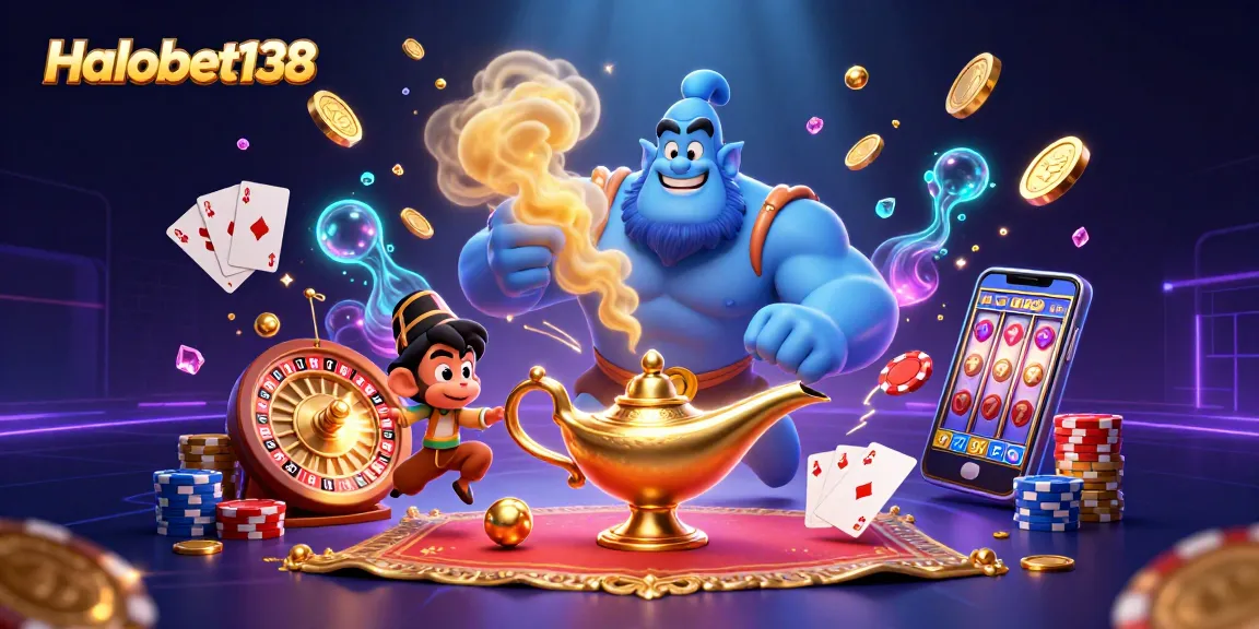 Experience the thrilling Halobet138 casino with a vibrant scene filled with genie, poker chips, and gold coins.