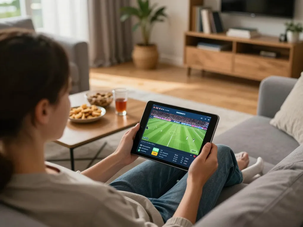 Xem bóng đá trực tuyến on a tablet during a cozy home setting, emphasizing responsible betting.