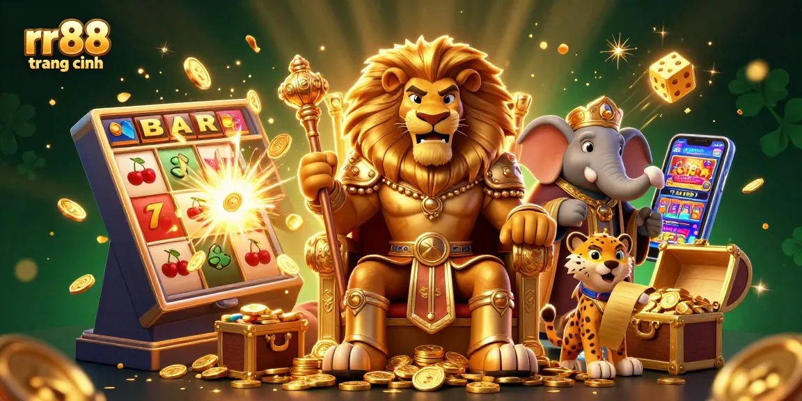 Experience thrilling online gaming at rr88 trang chính with a majestic lion king, advising elephant, and swift cheetah amidst game wins.