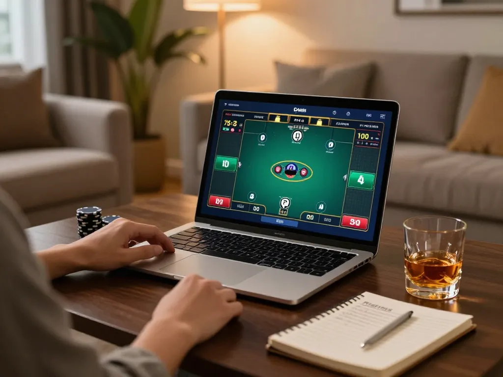 Engaging with situs gacor via laptop for an exciting online poker experience in a stylish home environment.