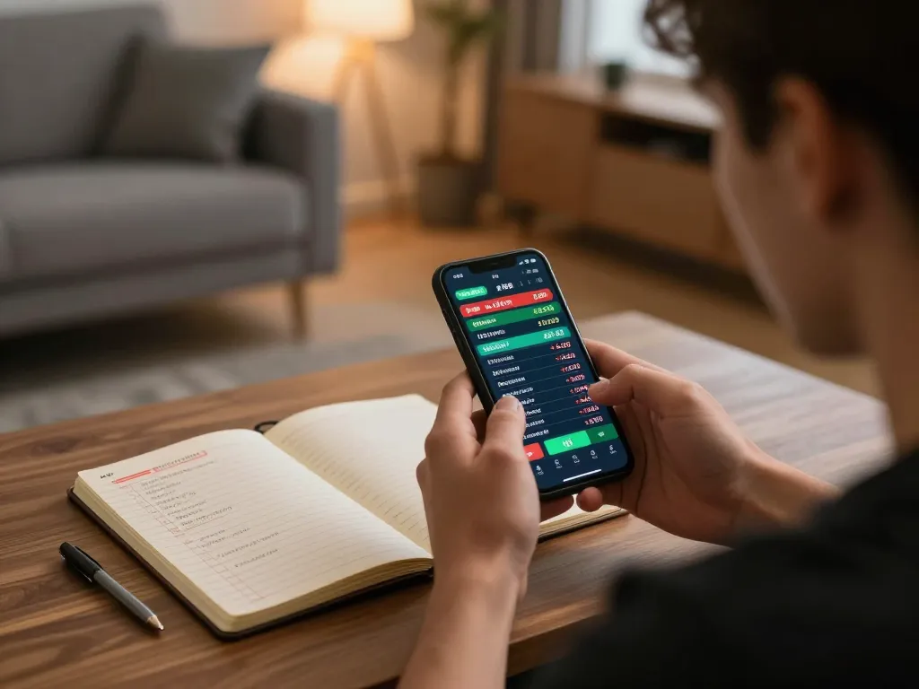 Pemain Kenzototo memeriksa peluang taruhan olahraga di smartphone di ruang tamu yang mengundang