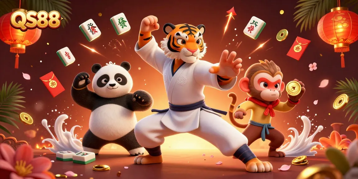 Engage with the vibrant action of QS88's casino atmosphere, where a kung fu tiger master and panda student participate in thrilling games.