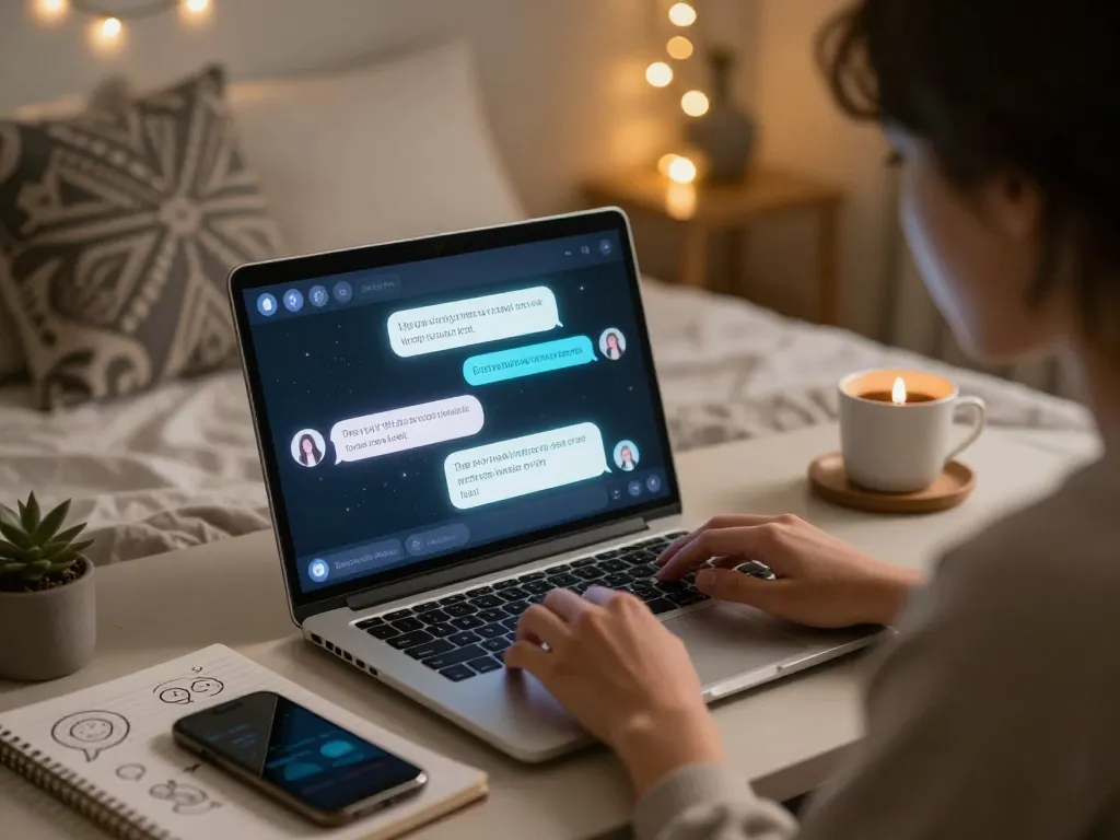 Intimate scene of a user engaging in sex chat ai with a vibrant AI companion on a laptop in a cozy bedroom.