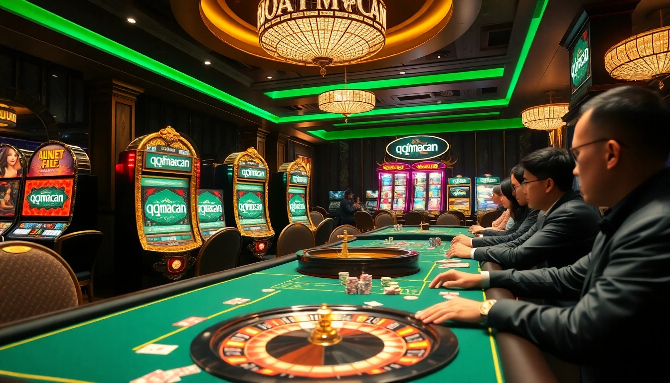 Players enjoying the thrill of gaming at QQMacan casino with vibrant slot machines and poker chips.