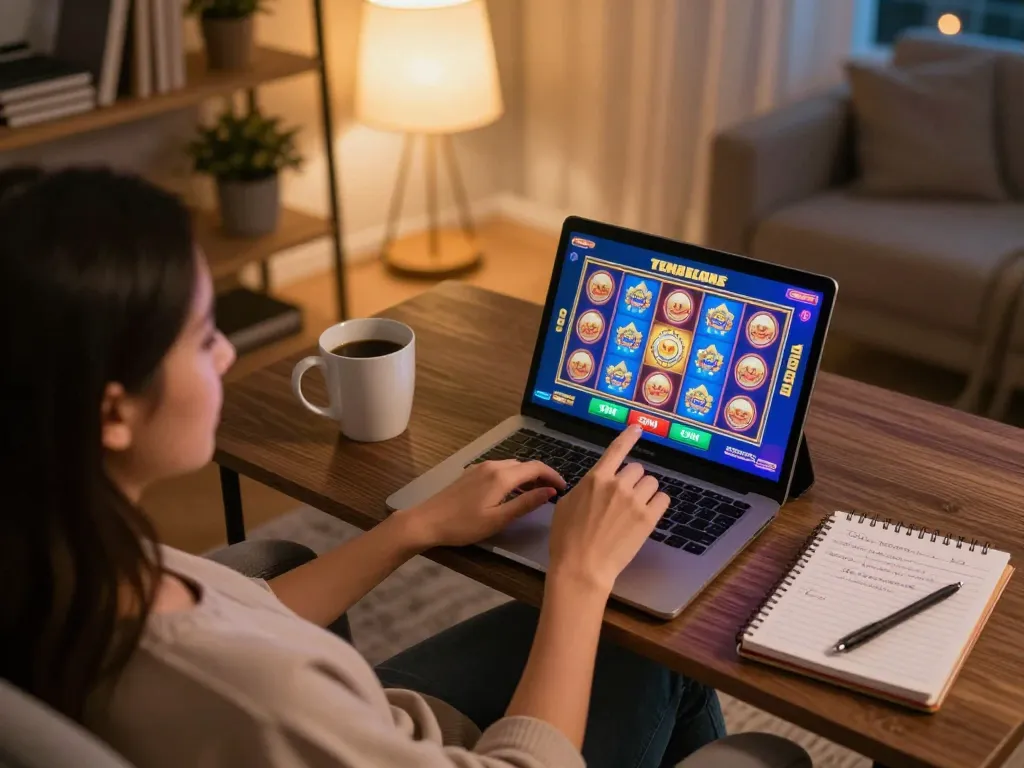 Engaging with TR88 link on a tablet in a cozy home casino setup, enjoying strategic gaming.