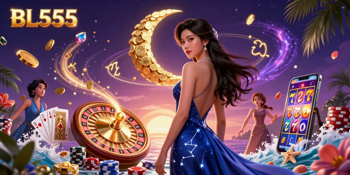 Experience thrilling gameplay with BL555's golden coins and vibrant slot machines under a starry sky.