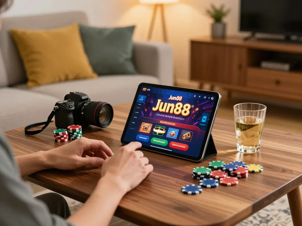 Player enjoying online poker on Jun88 app surrounded by colorful chips in a cozy home setting.