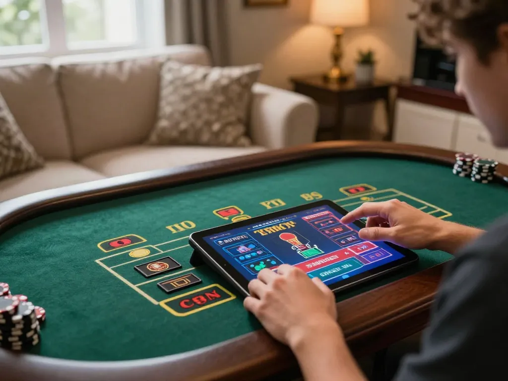 Player engaging with god55 online casino app showcasing live dealer games in a cozy home setting