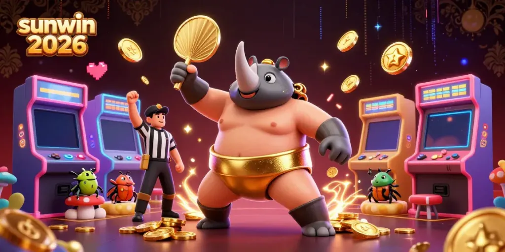 Experience sunwin 2026 with vibrant cartoon characters and engaging arcade elements in a dynamic casino illustration.