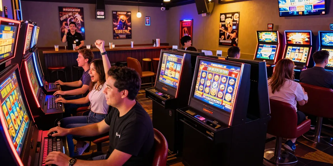 Pemain slot gacor merayakan kemenangan di lounge permainan modern