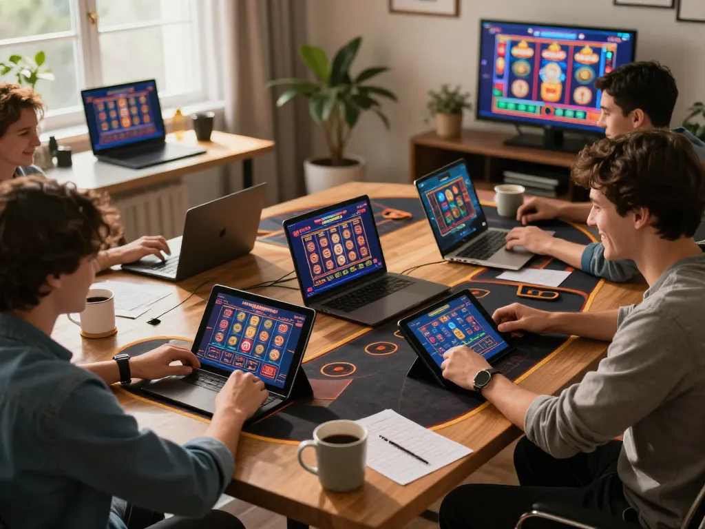 UGDEWA players enjoying live dealer games on tablets and laptops in a modern home setting.