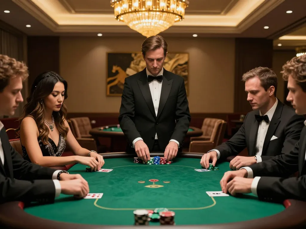 iWin players engaged in high-stakes poker game at upscale casino table with luxury decor
