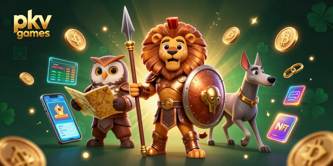 Experience pkv games in a vibrant 3D scene featuring a Spartan lion and crypto elements.