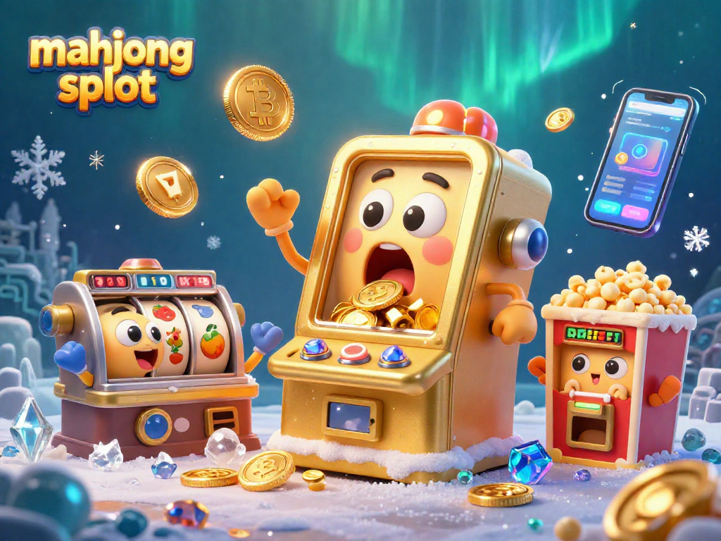 Engaging mahjong slot scene with a golden slot machine celebrating a jackpot amid cheering companions.