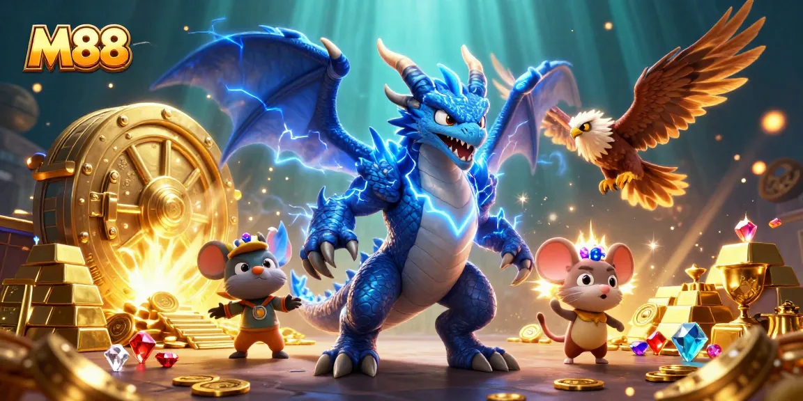M88 brings a dynamic gaming atmosphere with thunder dragon and treasure elements in a vibrant casino illustration.