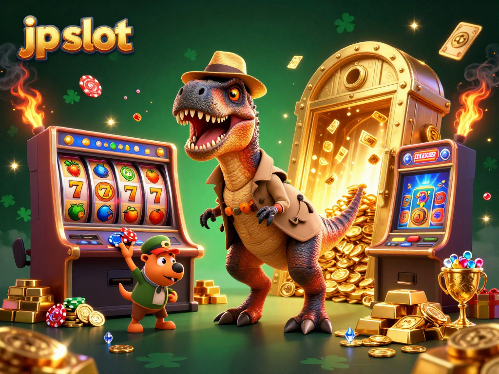 Experience thrilling jp slot action with a velociraptor at a slot machine amidst gold treasures and vibrant gaming elements.