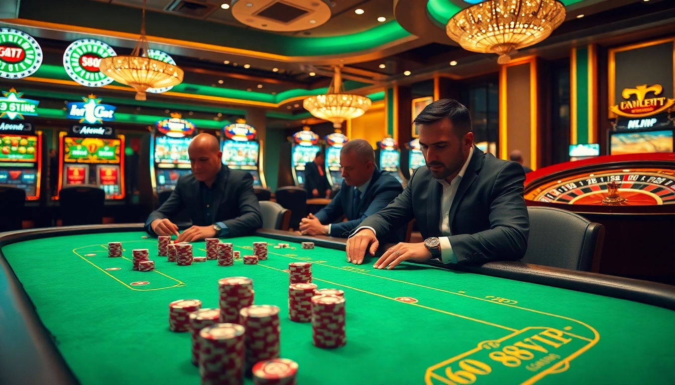 Professional gamblers at a high-stakes poker table in an exciting 68VIP casino atmosphere.