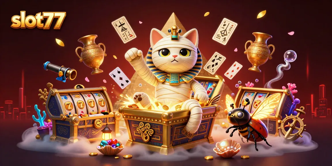 Experience thrilling slot77 wins in a vibrant casino scene featuring a mummy cat and golden treasures.