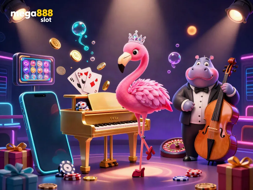 Experience the excitement of mega888 slot as flamingo and hippo performers dazzle in a glamorous casino scene.