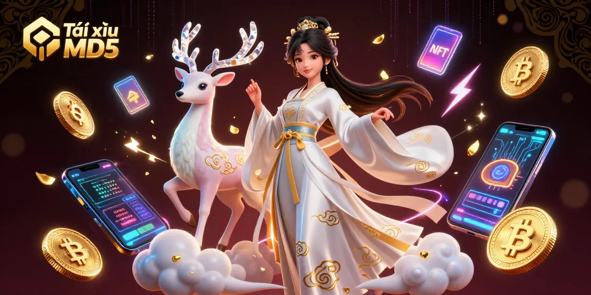 Tài xỉu MD5 showcases winning strategies with vibrant visuals of Asian woman and casino elements.