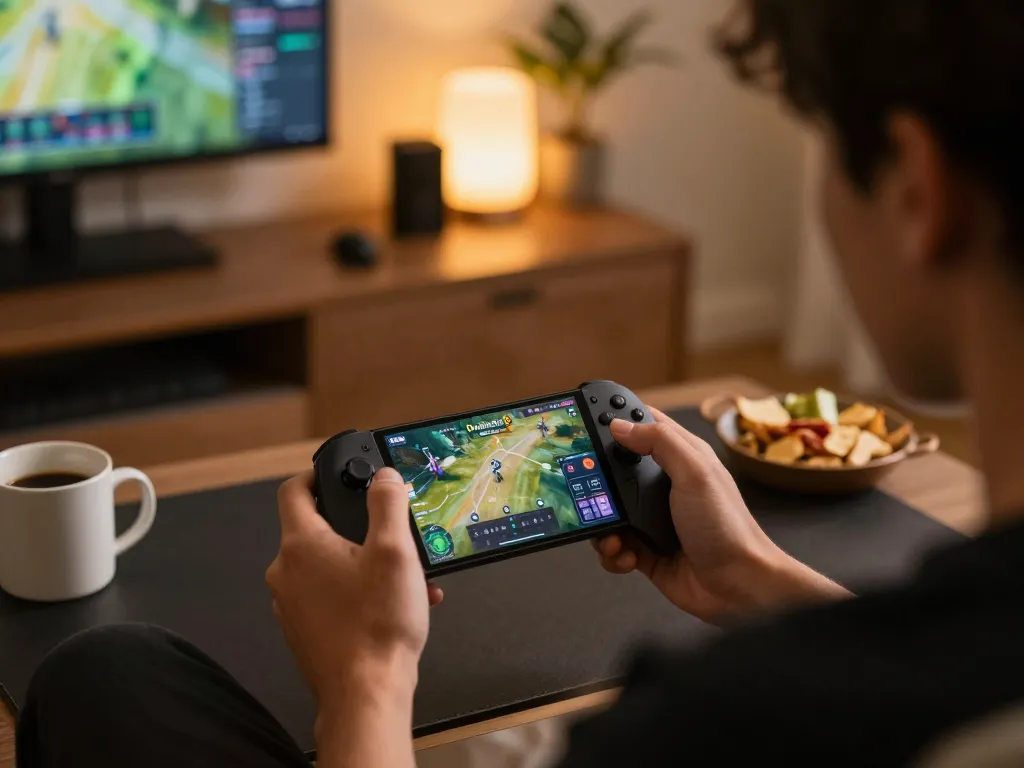Playing Done55 on a smartphone in a cozy home setting with engaging graphics and warm lighting