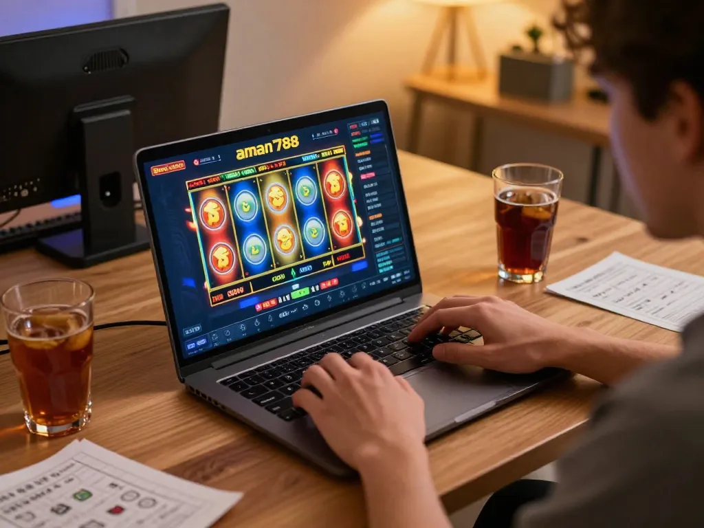 Gambar menarik seorang pemain yang fokus pada permainan slot gacor aman788 di laptop dalam pengaturan permainan yang nyaman.