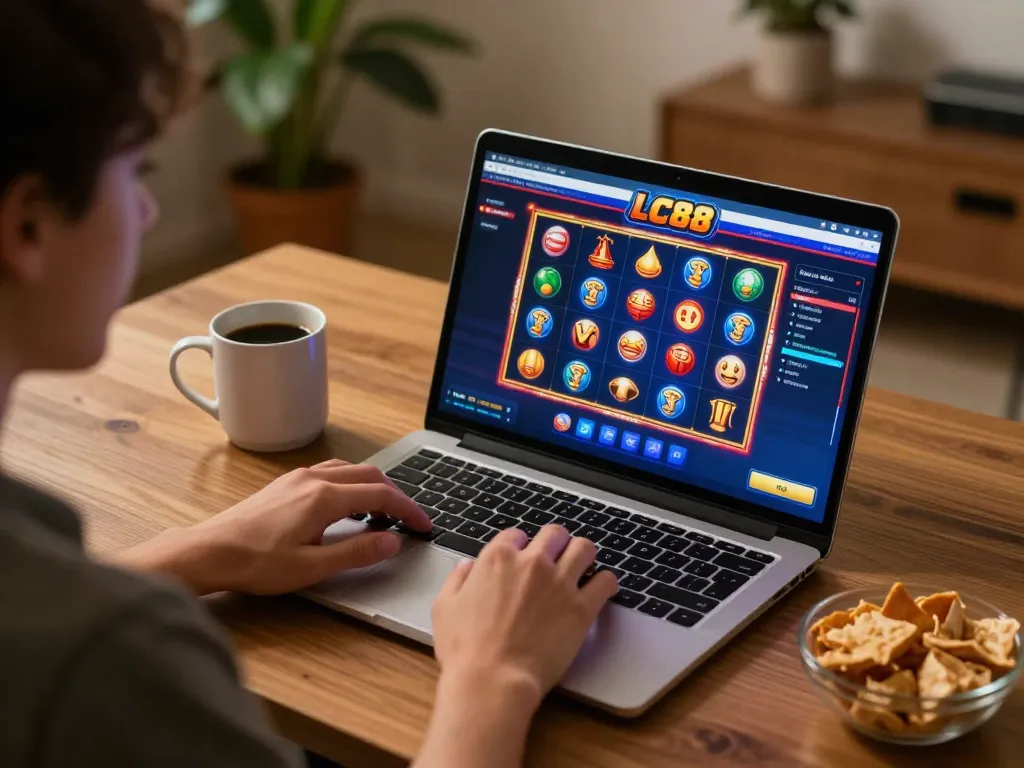 Player engaging in online gaming on LC88 casino, laptop screen displaying colorful slots.