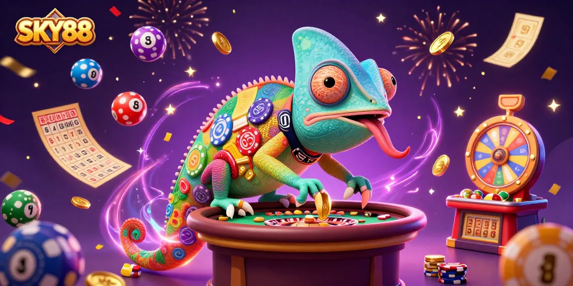 Experience the vibrant energy of SKY88 with colorful lottery elements and a lively casino atmosphere.