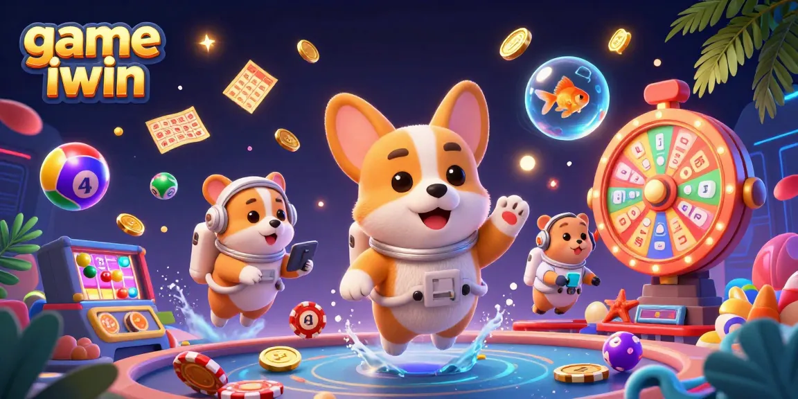 Experience game iwin in a vibrant casino scene with an astronaut corgi and colorful lottery elements.