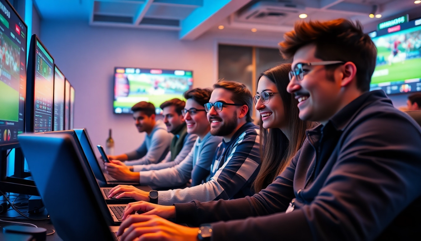 Excited gamers engaged in mm88 futbol betting with live match displays.
