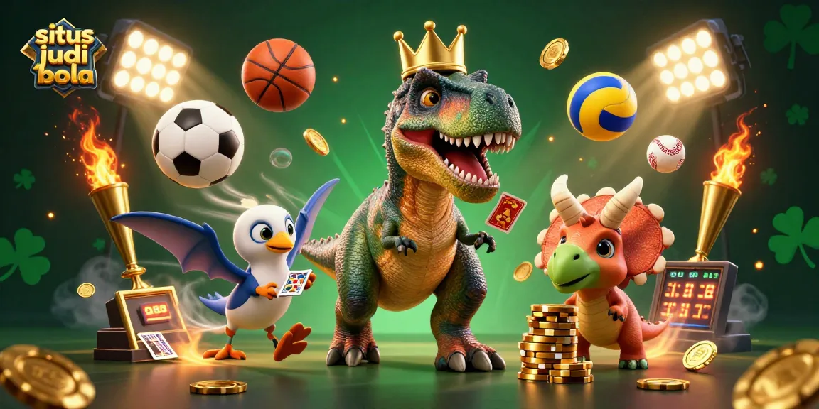 Sit in situs judi bola with a T-Rex shuffling cards, a Pterodactyl holding them, and a Triceratops stacking chips.