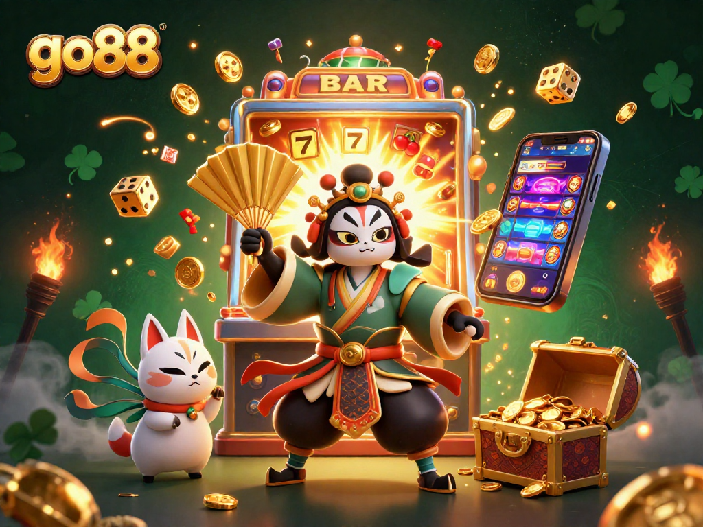 Experience the thrilling aura of go88 with dynamic characters amidst a jackpot explosion in this vibrant casino scene.