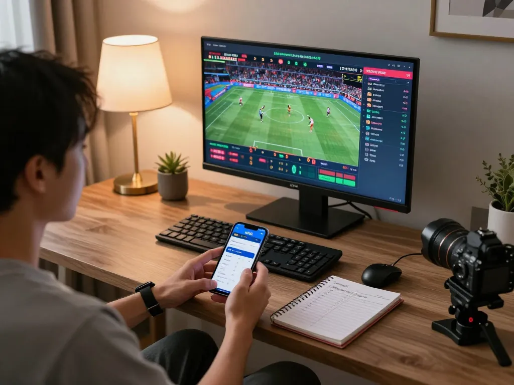 Engaging sports betting scene with ww88 app on smartphone and advanced strategies in a stylish home office.