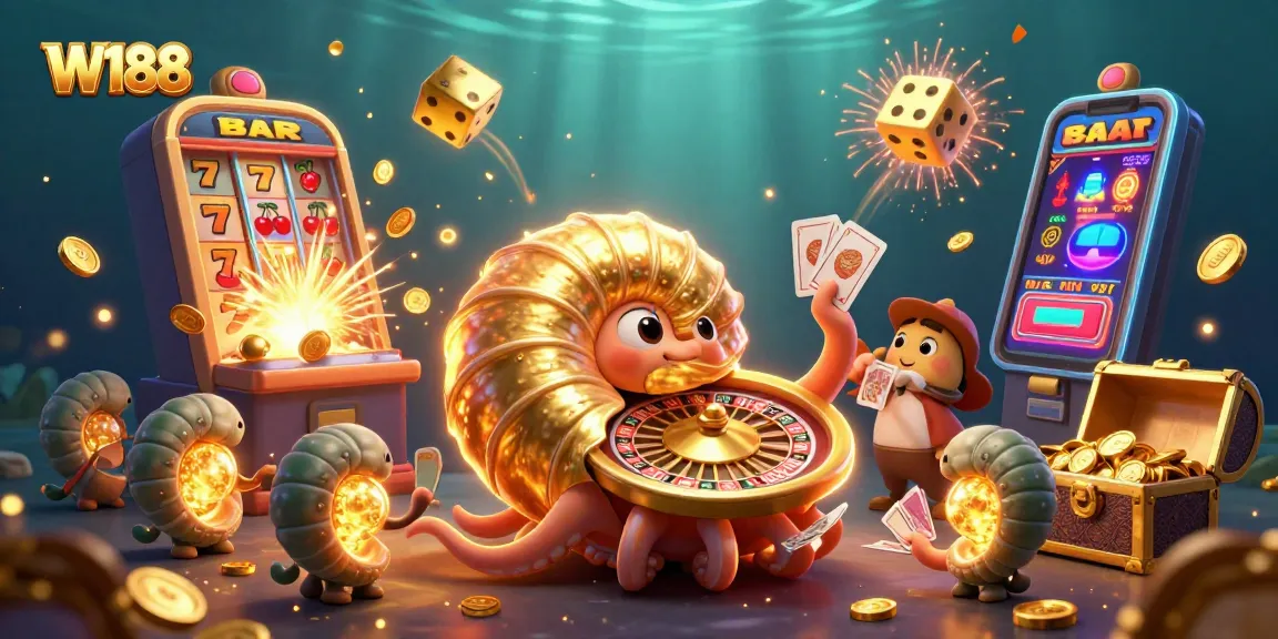 Experience W188's thrilling gameplay with a giant nautilus roulette amidst bursting jackpots and glowing treasures.