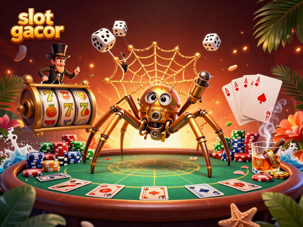 Slot gacor menarik perhatian dengan laba-laba steampunk berkilau dan elemen kasino.