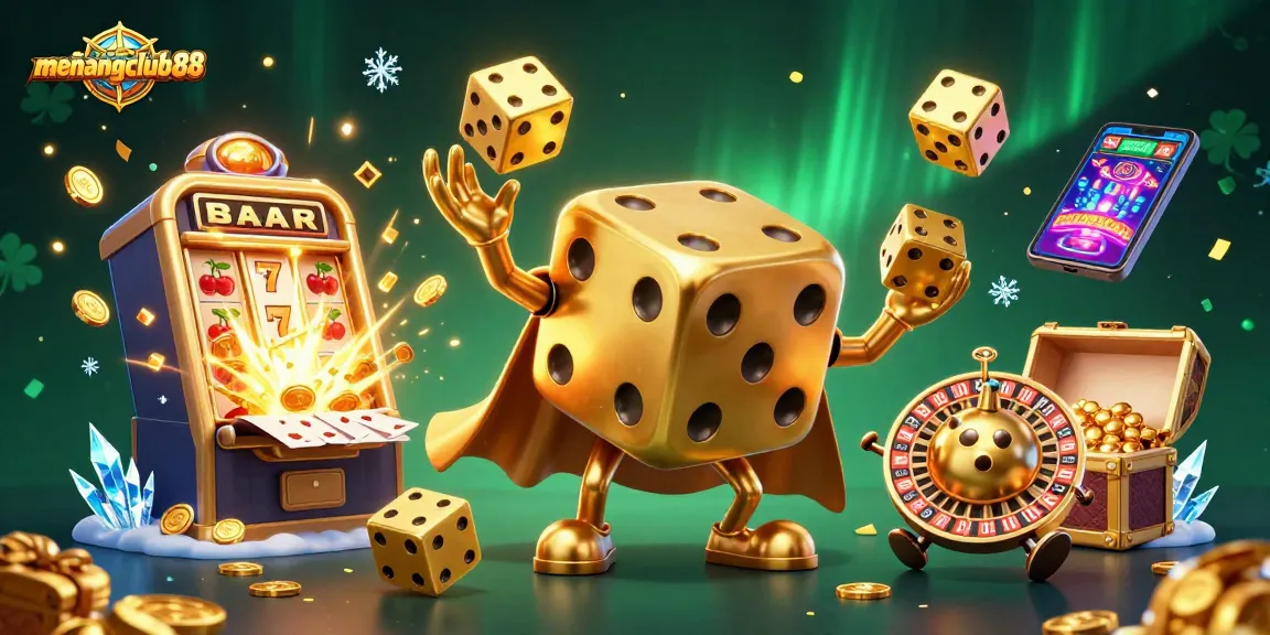 Experience the thrill of gaming at menangclub88 with a vibrant 3D illustration featuring dynamic casino elements.