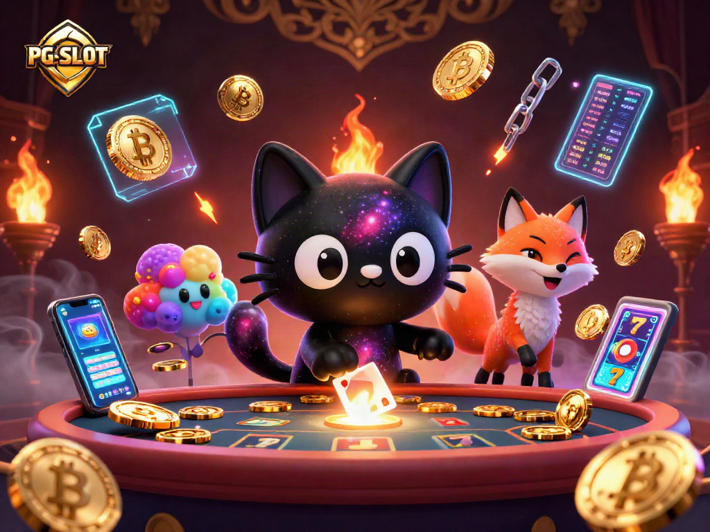 Engage with dynamic PG SLOT action featuring a cosmic cat and fox at a thrilling casino table.