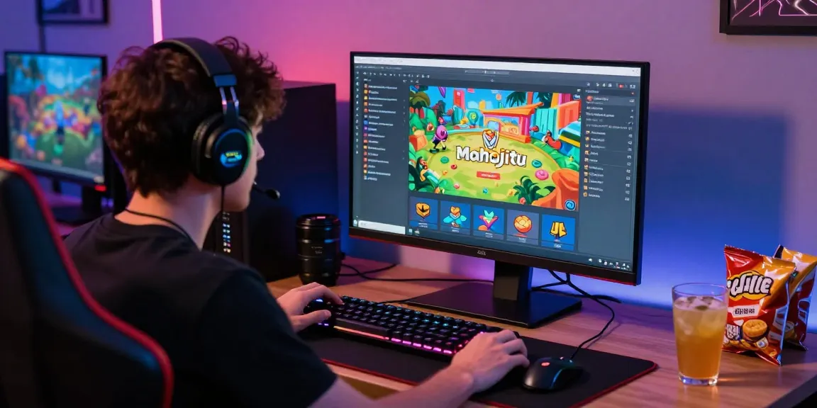Mahajitu gaming scene with vibrant atmosphere, user interacting online with live chat and gaming gear.