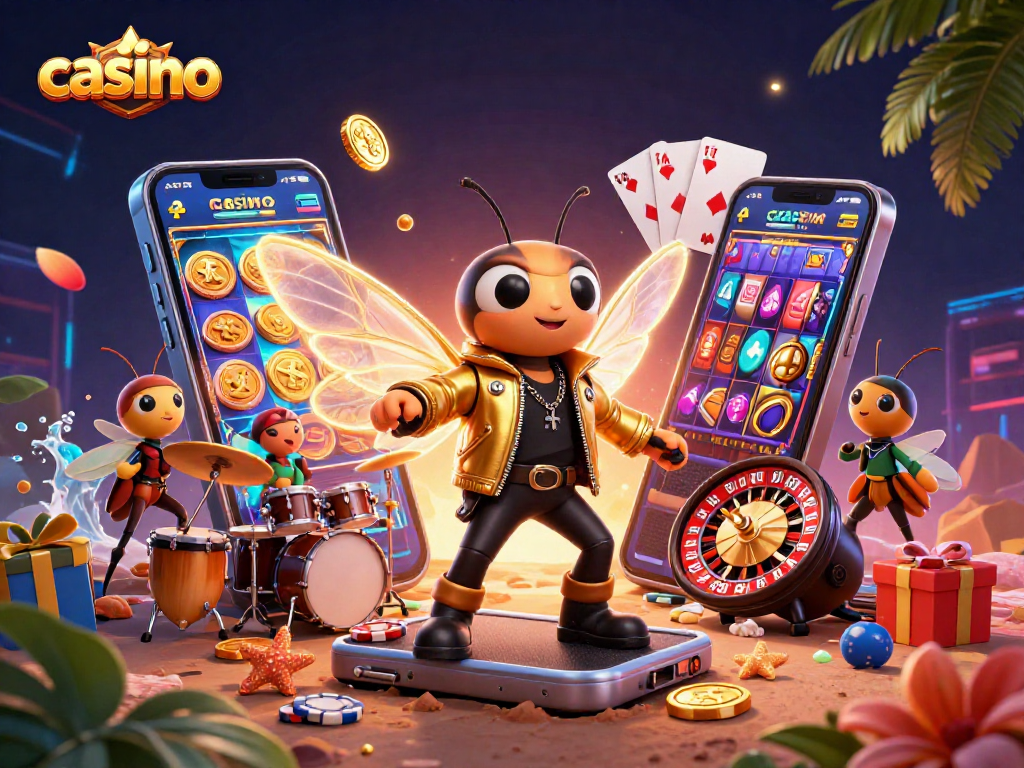 Win big at the casino with vibrant slot games, as a cicada rock star takes the stage.