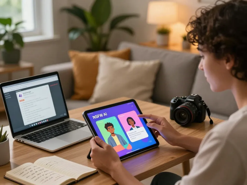 User exploring NSFW AI interactions with a responsive character on a cozy tablet setup.