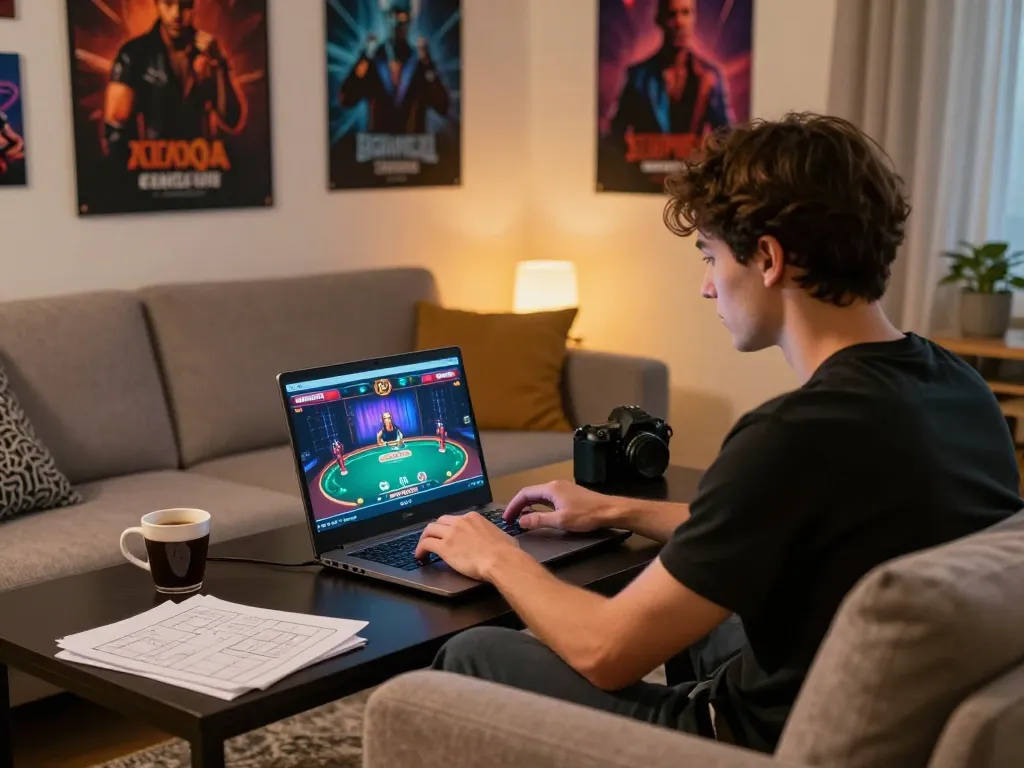 Engaging in ดูหนังออนไลน์ฟรี while enjoying online poker in a cozy home setup.