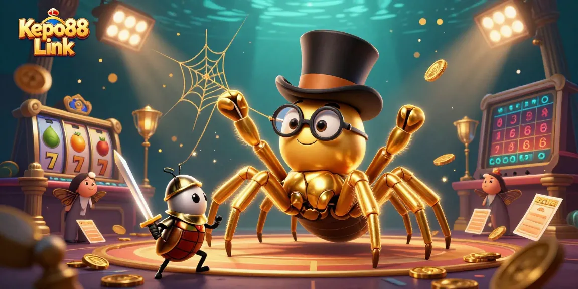 Engage with Kepo88 Link’s vibrant gambling experience featuring a giant tarantula and beetle knight in an immersive casino setting.