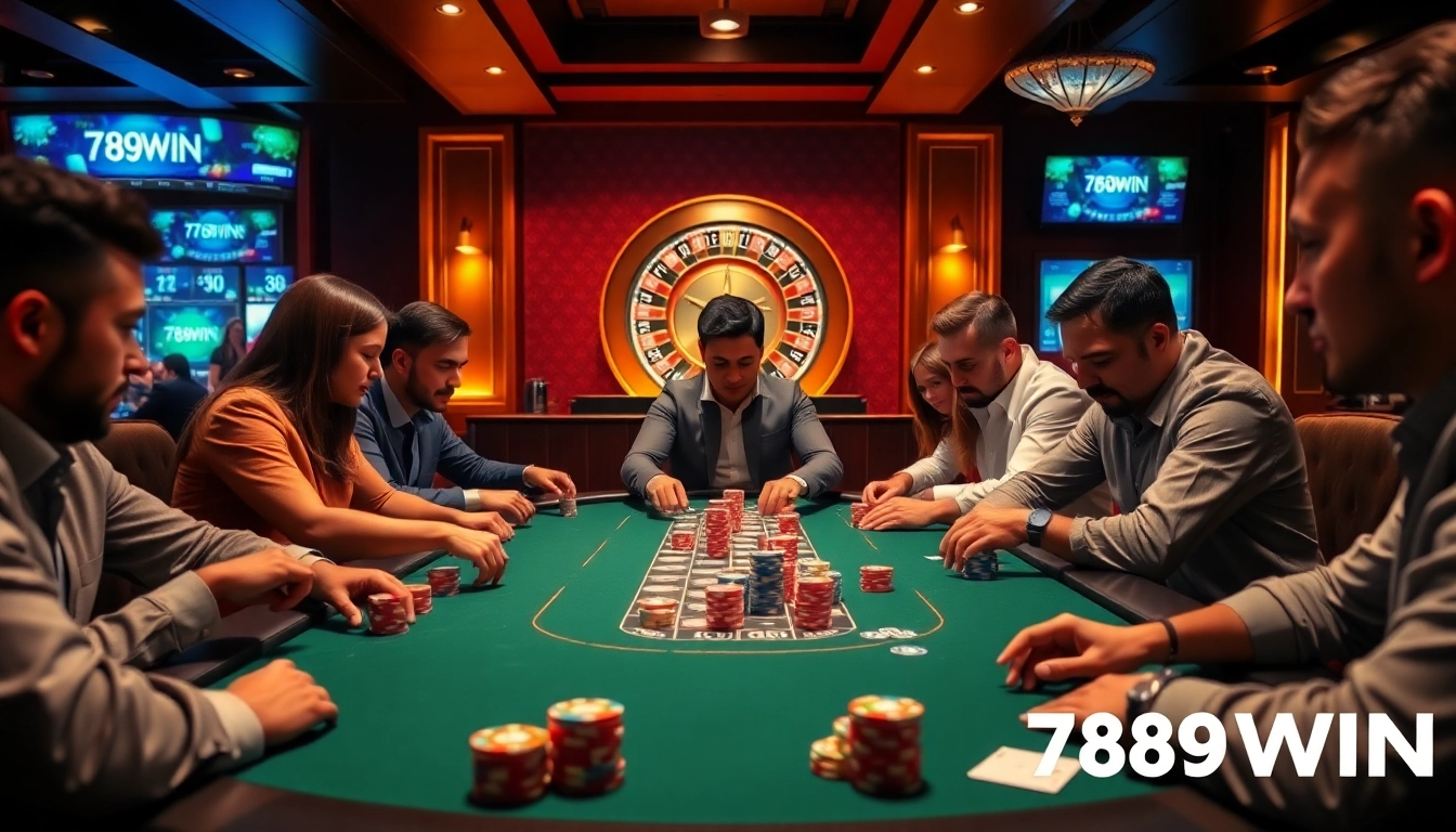 Players are engaged in high-stakes poker at the 789WIN gaming table, emphasizing an exciting atmosphere of gambling.