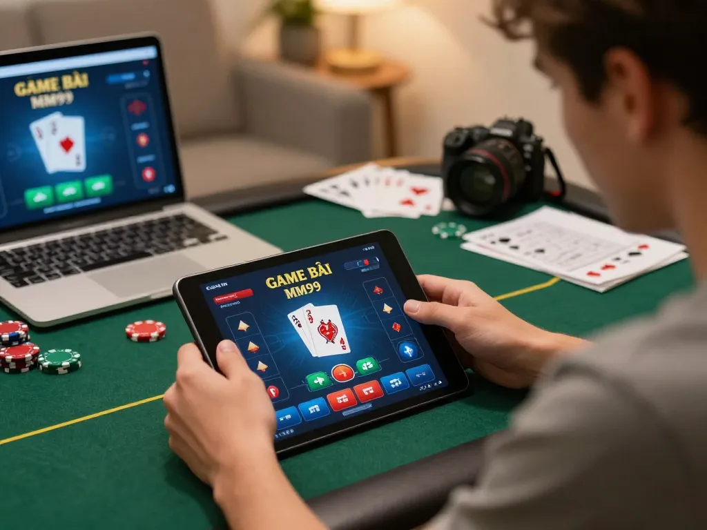 Engaging player analyzing GAME BÀI MM99 interface on tablet, showcasing online casino strategy and responsible gambling.