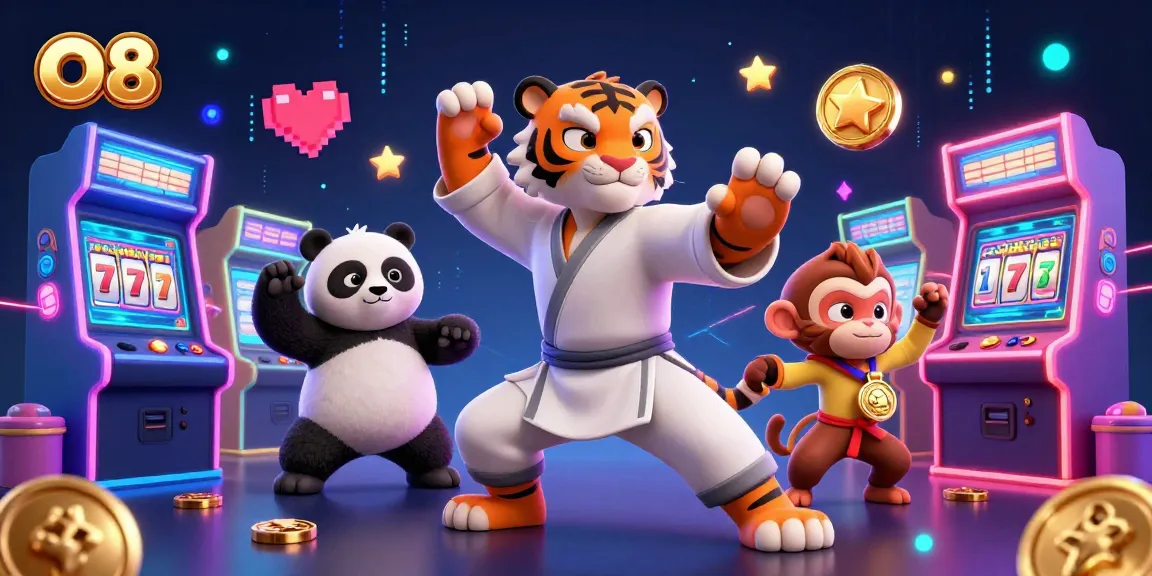 Engage with O8’s thrilling gaming experience featuring dynamic cartoon characters in a vibrant casino scene.
