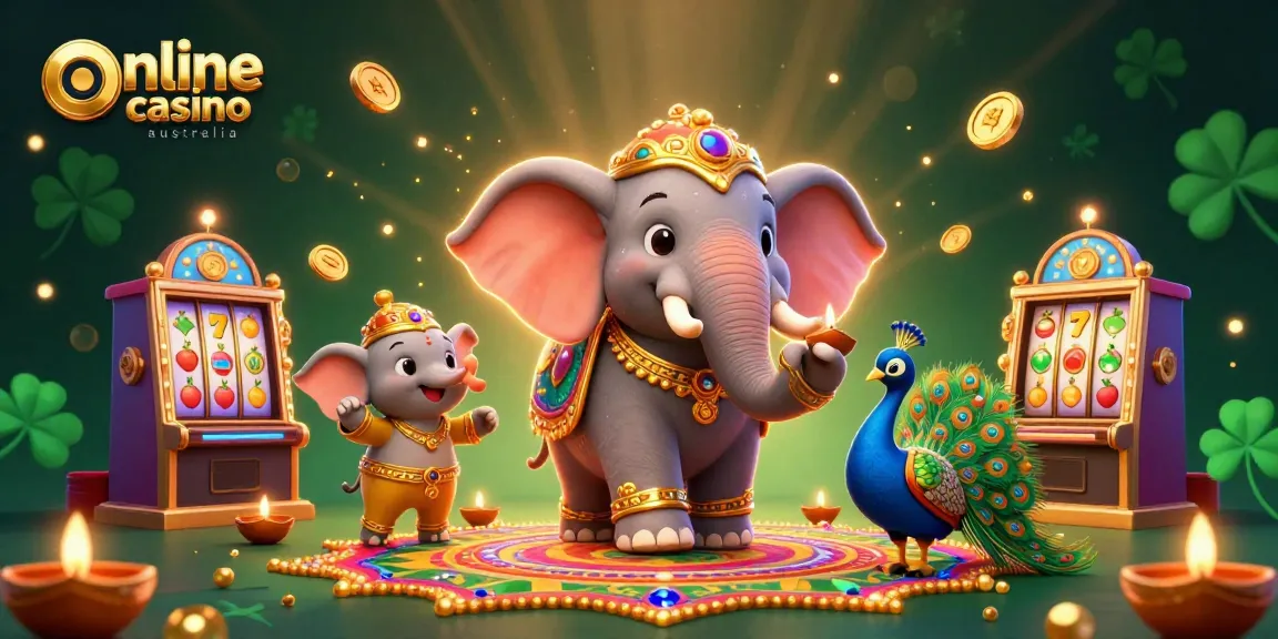 Experience the excitement of online casino Australia with a vibrant illustration featuring an elephant and peacock among slot machines.